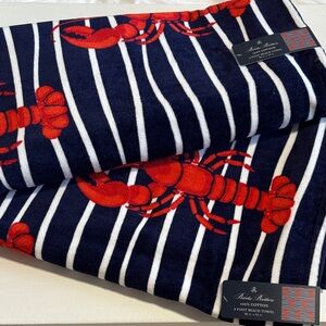 Brooks Brothers Navy & White Striped Beach Towel with Red Lobster Print set of 2